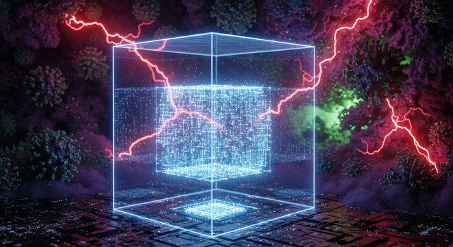 Cybersecurity Quantum Cube and Glowing Microchip Defending Against Digital Viruses with Energy Lightning