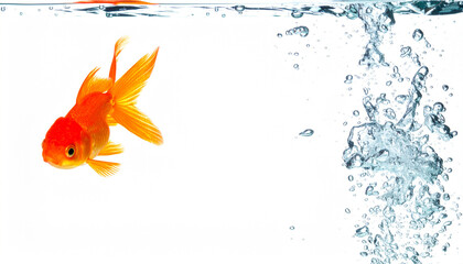 Fototapeta premium Goldfish swimming near the water surface with splashing bubbles
