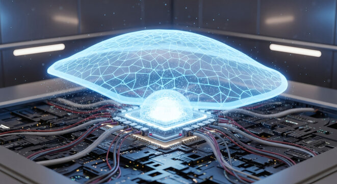 Futuristic glowing alien spaceship blueprint with advanced technological circuitry and complex network connections