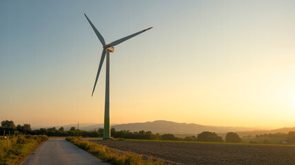 Fototapeta premium A field of renewable wind turbines harnesses green energy under a blue sky at sunset, utilizing advanced technology to generate clean electric power for a sustainable environment