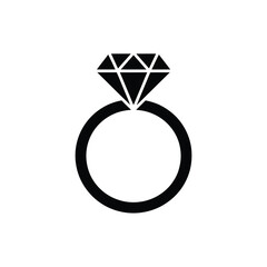 Simple black and white illustration of a diamond engagement ring
