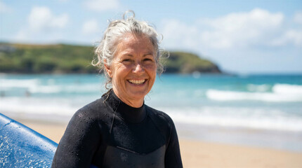 Fototapeta premium A vibrant senior woman with a surfboard is happily smiling on a sunny beach day.