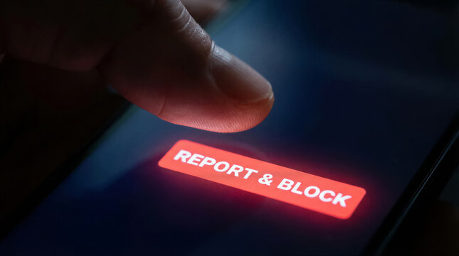A finger is poised to tap the glowing red "Report & Block" button on a smartphone screen, indicating a decisive action against unwanted content or contact.