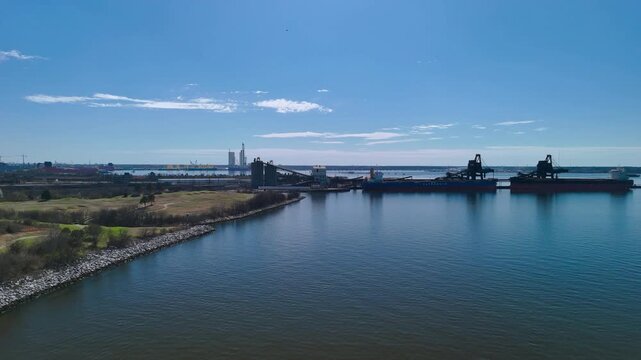Aerial view of shipping containers and industrial port cranes on the Elizabeth River in Norfolk Virginia waterfront