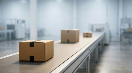 Fototapeta premium Cardboard boxes move along a clean conveyor belt in a bright, modern factory.