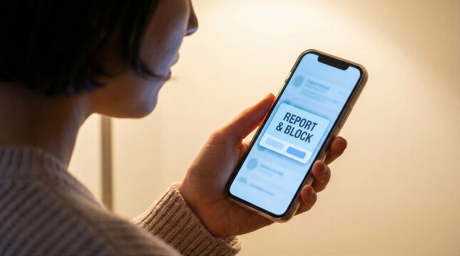 A person holds a modern smartphone displaying a prominent 'Report & Block' pop-up message.