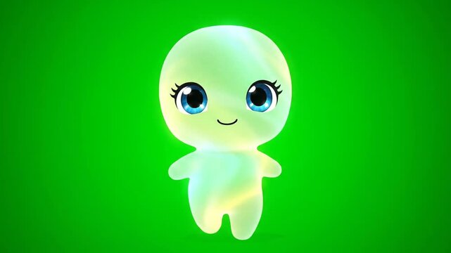 Animated Cute 3D Cartoon Character Walking on Green Screen Background with Blue Eyes and Glowing Aura for Kids Content