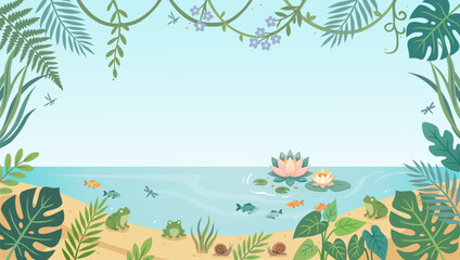 Tropical pond ecosystem background with lotus flowers, frogs, fishes, and dragonflies. Nature lake landscape frame with monstera leaves and copy space for text. © titis rahmandhanu