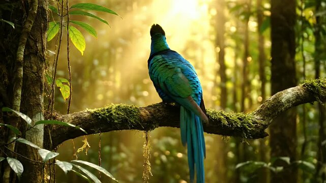 Resplendent quetzal bird perched on mossy branch in lush rainforest with sun rays.
