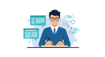 A bespectacled male professional in a blue shirt writes in a notebook at a desk, with data windows and abstract elements behind him.