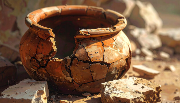 Broken ancient terracotta pot artifact with visible cracks and erosion