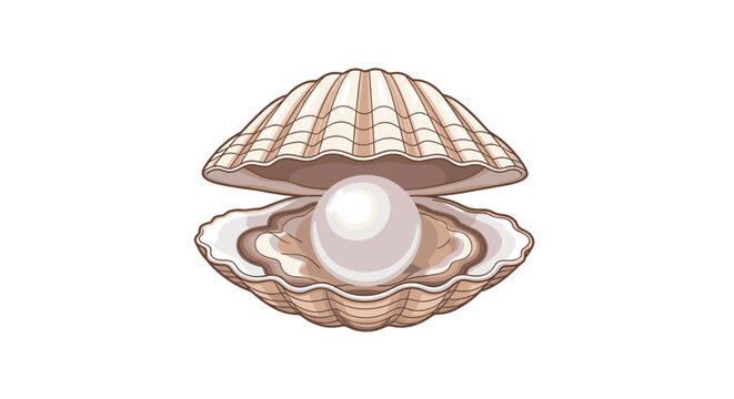 An exquisitely detailed open scallop shell with a ridged beige exterior and pinkish-white interior cradles a single lustrous white pearl.