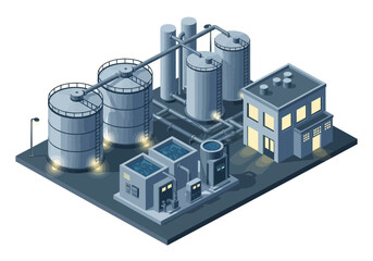 Industrial complex with storage tanks and factory buildings at night