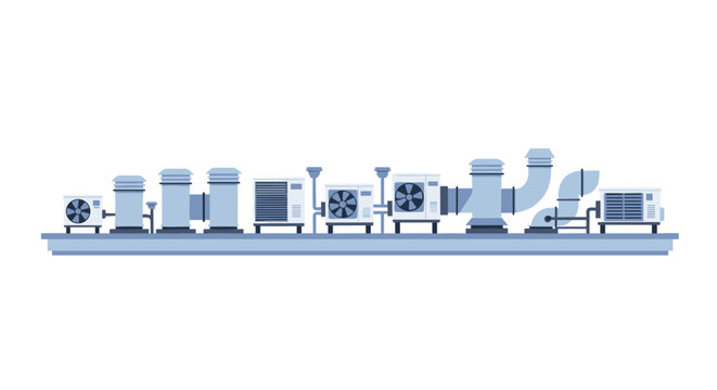 A comprehensive array of grey and blue HVAC units, including air conditioners and extensive ductwork, is systematically arranged on a rooftop structure.