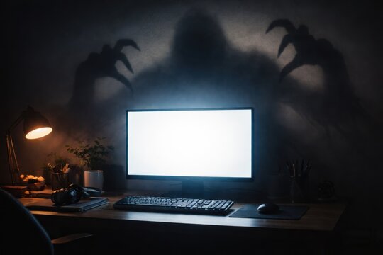 Scary monster shadow looms over a desk with a glowing computer screen and a desk lamp in a dark room, horror concept