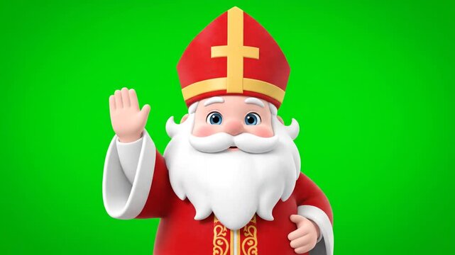 Animated Red Sinterklaas Character Waving with White Beard and Mitre Hat on Green Screen for Greetings, Presentation