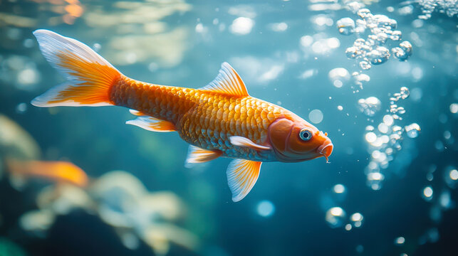 Goldfish and albinos in an aquarium with blue background