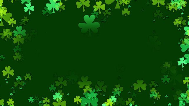 St Patricks day background with a frame of cartoon shamrocks in various greens floating towards center. Clover leaf particles forming a border for a green background to celebrate St Patrick day.