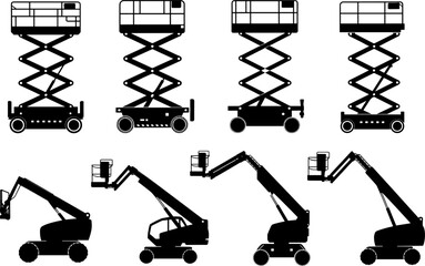 Scissor lift and boom lift silhouette set aerial work platform vector construction equipment collection design illustration © Tohidul