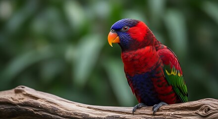 A vibrant, multicolored Lory (parrot) perched on a weathered branch.