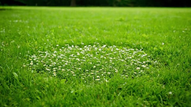 A serene outdoor scene showcasing a vibrant green lawn with a delicate patch of small white wildflowers, symbolizing natural beauty, new growth, and peaceful ground cover
