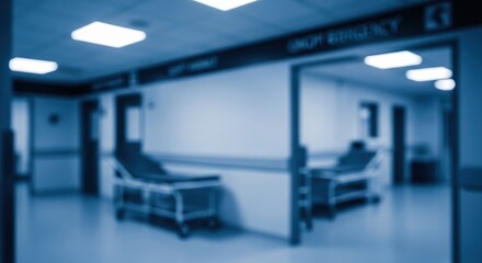 hospital blur emergency room medical background clinic healthcare interior with gurney and stretcher in out of focus modern medical ward with blue lighting for medical concept.