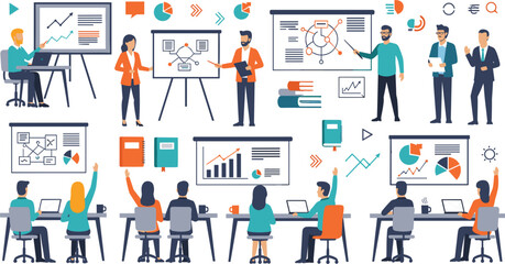 Flat vector illustration of business professionals discussing data, presenting charts, and analyzing graphs in a modern office setting.