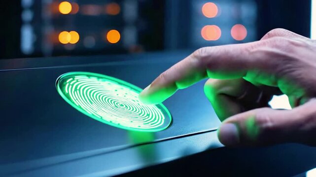 A person's index finger pressing a button on a dark electronic device