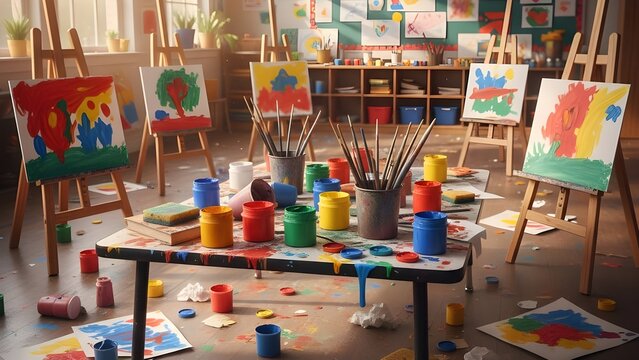 따뜻한 조명 아래 유치원이나 초등학교 교실 벽면을 가득 채운 순수한 동심의 알록달록한 그림 전시 / An exhibition of colorful drawings of pure childhood filling the wall of a kindergarten or elementary school classroom under warm lighting