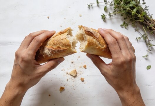 Top-down view of hands breaking a fresh, crusty baguette over a white surface with crumbs and a bunch of dried herbs.