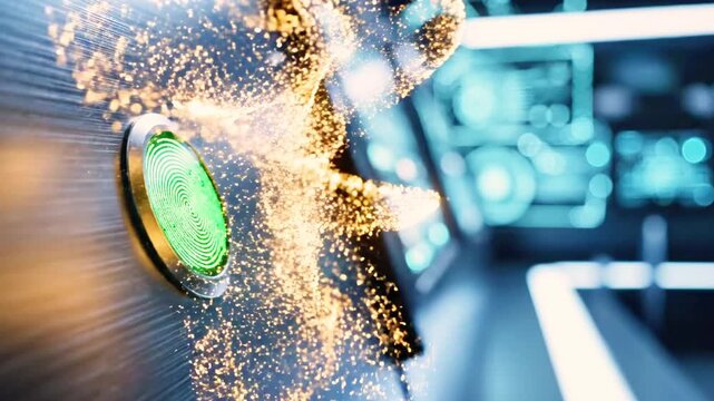 A person's hand pressing a glowing green button on a metallic surface