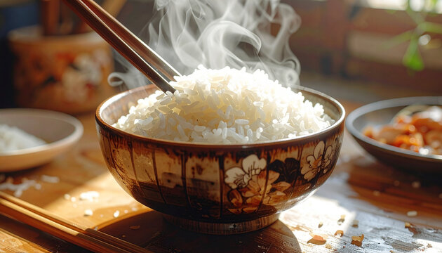 Steaming bowl of white rice with chopsticks ready for serving