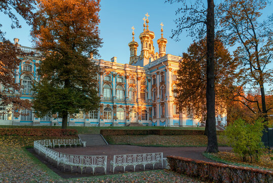 Catherine Palace and the palace church in the Catherine Park of Tsarskoye Selo on a sunny autumn morning, Pushkin, St. Petersburg, Russia 