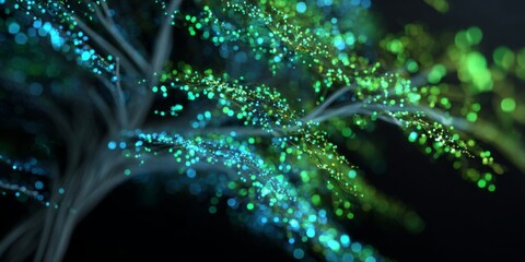 Abstract shimmering tree branches with glowing particles in blue and green colors illuminating a dark background in a mesmerizing visual display