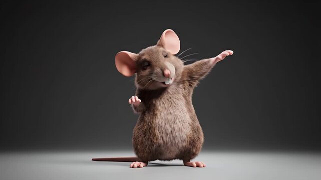 A cute 3D mouse character is dancing and dabbing on a grey studio background.