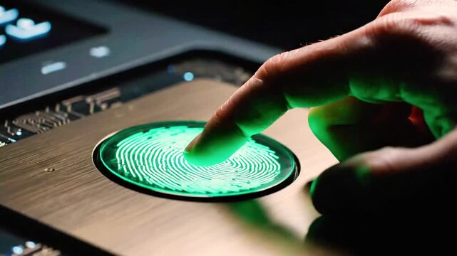 A person's finger scans a glowing fingerprint on a metallic surface with buttons