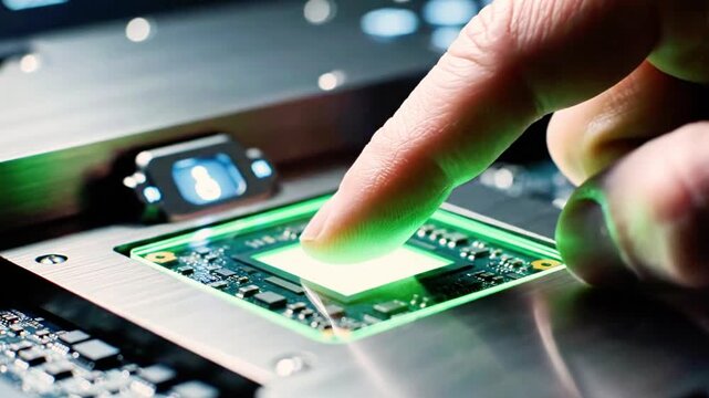 A person's index finger is about to scan a green-lit fingerprint reader on a metallic device
