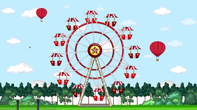 Animated Ferris Wheel Rotating in a Sunny Park with Hot Air Balloons