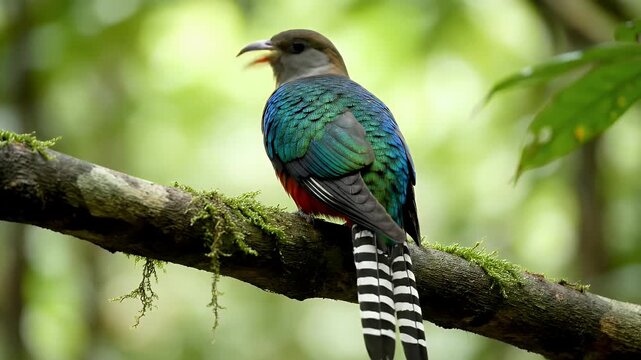 A colorful trogon is perching on a mossy branch in a lush green forest.