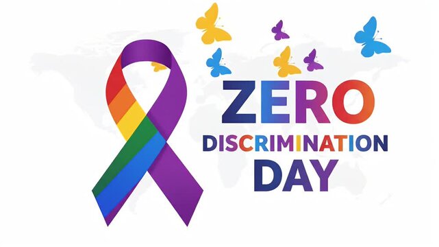 Rainbow awareness ribbon and butterflies for Zero Discrimination Day equality.
