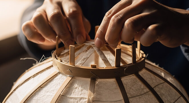Handcrafting Paper Lantern Lamp, Artisan Making Traditional Handmade Lighting