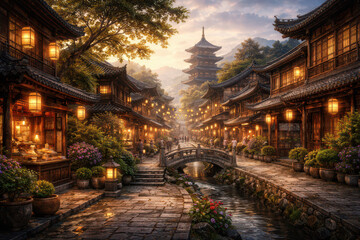 Fototapeta premium A serene traditional village with lanterns, a bridge, and a river at sunset.