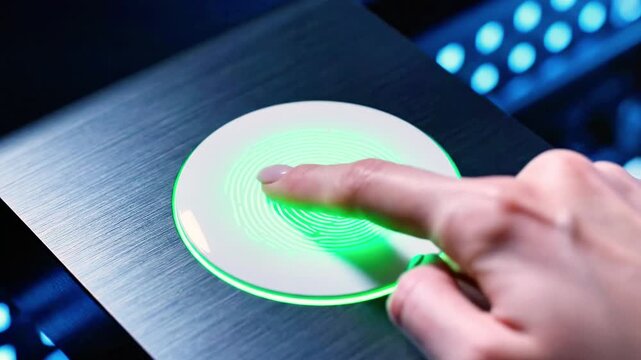 A person's index finger hovers over a glowing green button