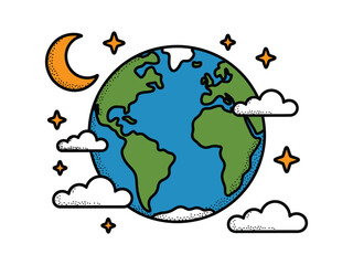 Naklejka premium Planet Earth rotates surrounded by clouds and moon.