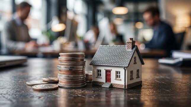 Miniature house model with coin stack on wooden table in office background symbolizing affordable housing and financial planning