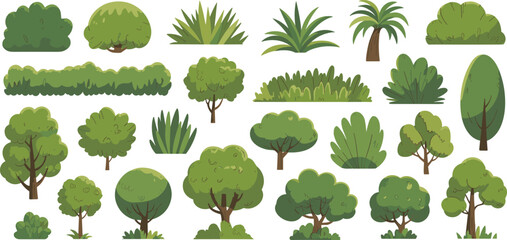 Collection of green trees, bushes and plants in cartoon flat style vector illustration, forest vegetation set isolated for nature design, landscaping elements and eco environment graphics © MstRolafa