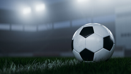 Fototapeta premium Ftooball (soccer ball) under dramatic stadium lights copy space. 3d rendering