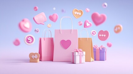 Colorful shopping bags and gifts with floating hearts and symbols, representing love and shopping, on a pastel