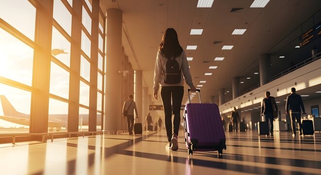 Woman Walking Through Airport Terminal with Suitcase at Sunset