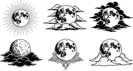 Black and white illustration of six artistic moon designs with stylized clouds, crater textures, and celestial patterns, symbolizing mystical themes, tattoo art, and creative projects © Ziyarul